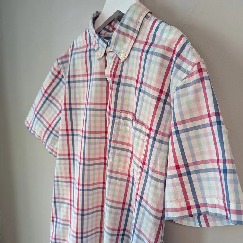 GAP Short Sleeve Button Front Shirt Boys XXL Plaid Poplin Classic Prep Coastal